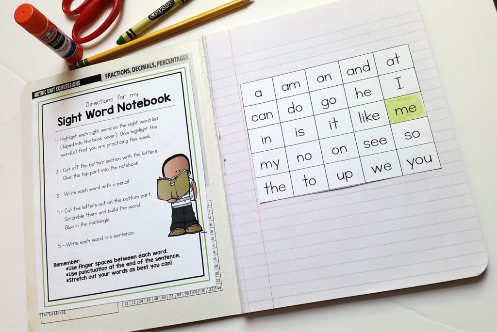 sight word notebook for kindergarten